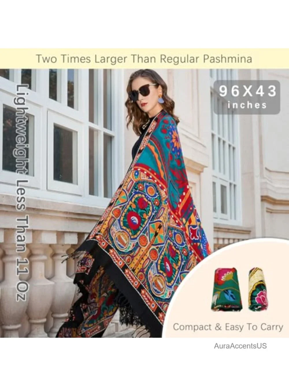 Merino Wool Oversized Pashmina Shawl Wrap Blanket Women 96x43